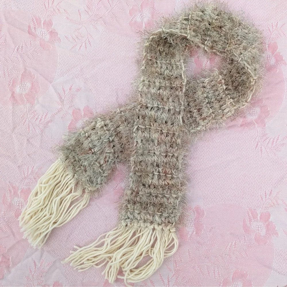 Cream Fringe Knit Scarf‎ Fuzzy Eyelash Open Weave Boho Fairycore 49x3.5